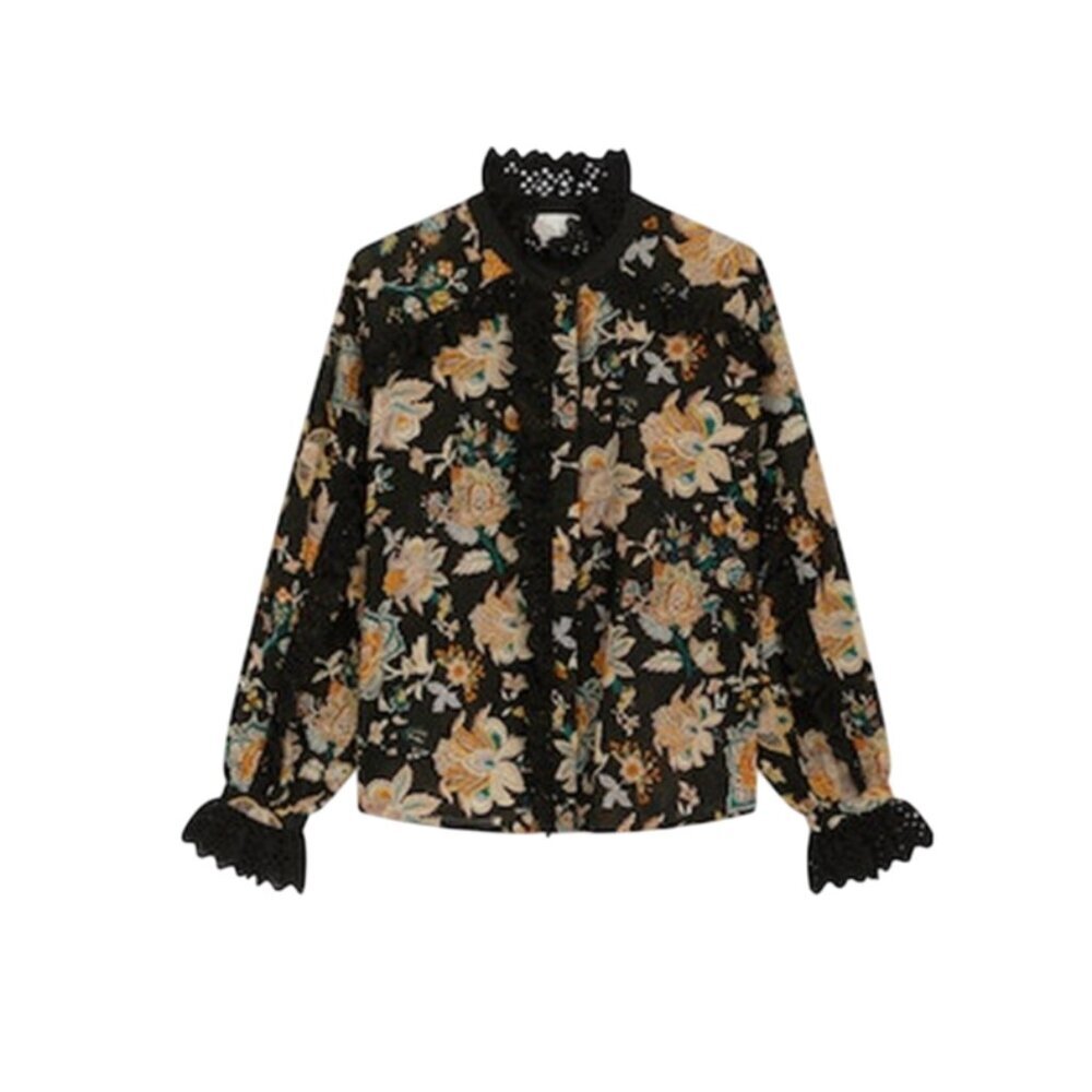 Leon & Harper Cathal Mahat Shirt Blouse Top Womens Medium Black Floral Cotton